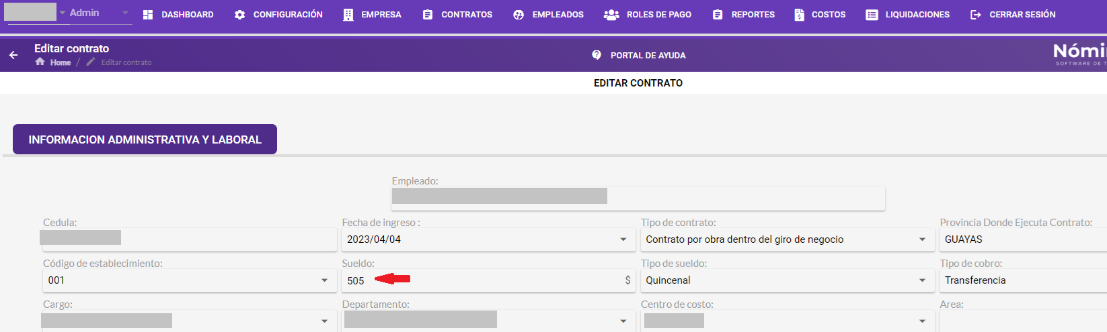 Formulario del contrato con el campo de sueldo a modificar