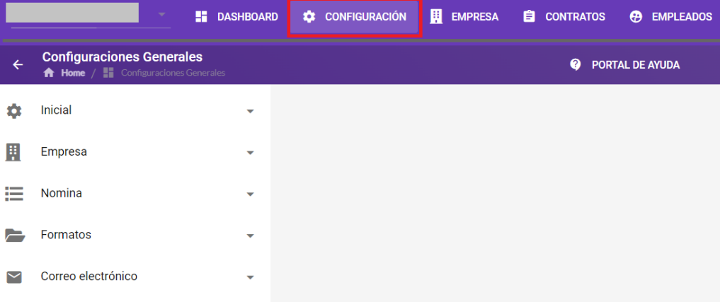 Menú principal con la opción Configuración seleccionada