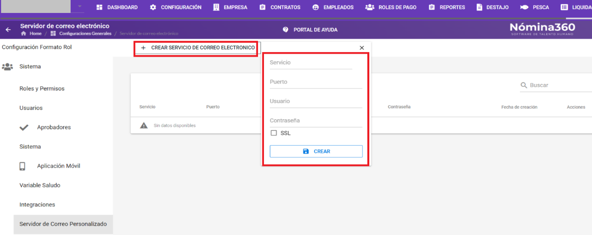 Formulario de creación del servicio de correo con los campos Servicio, Puerto, Usuario y Contraseña