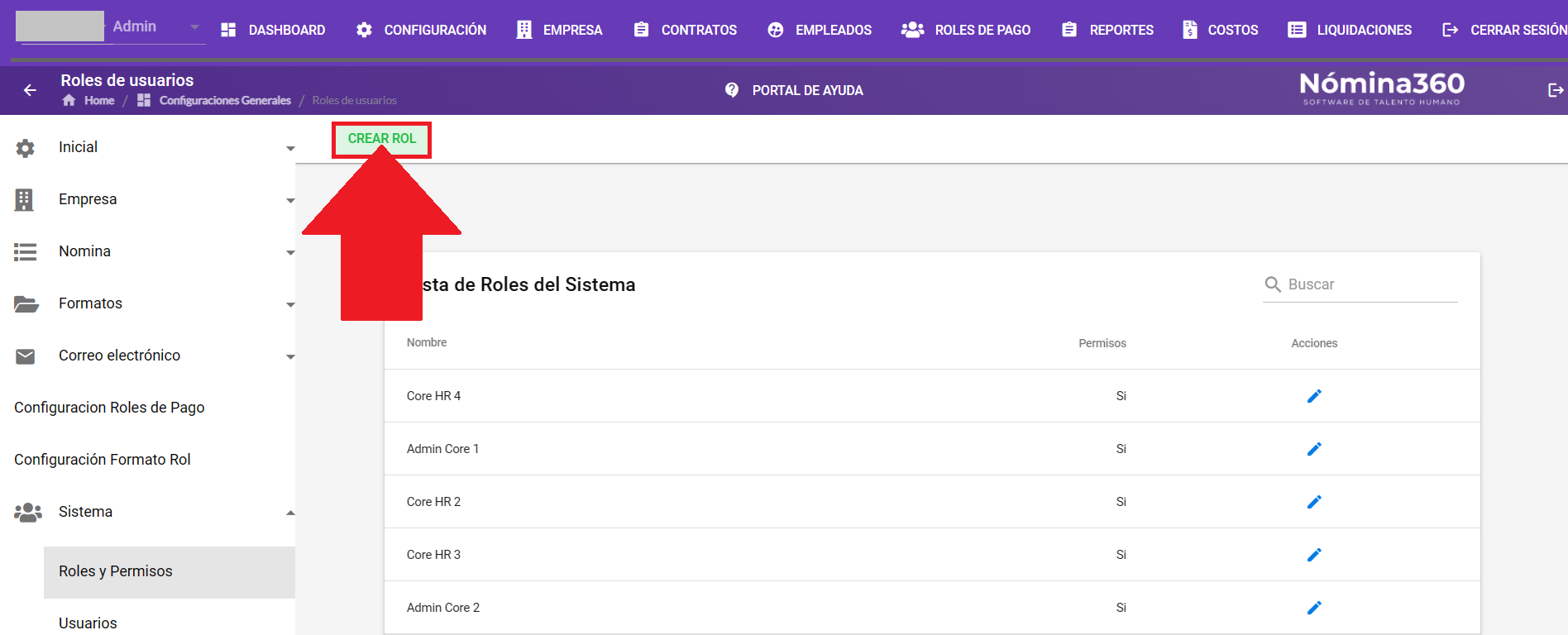 Botón Crear Rol en la pantalla de Roles y Permisos