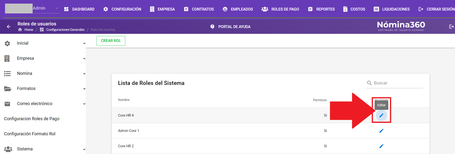 Listado de roles con la acción Editar disponible