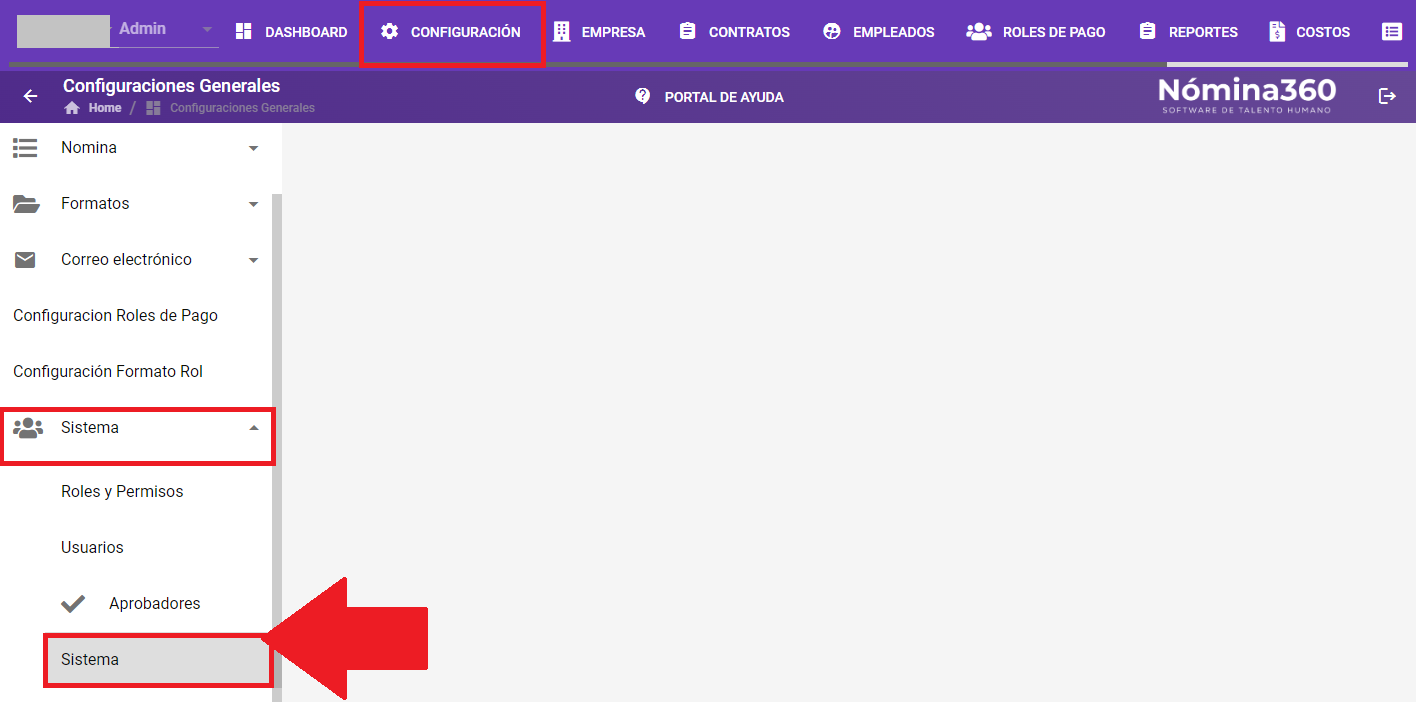 Menú Configuración con la opción Sistema dentro del submenú Sistema