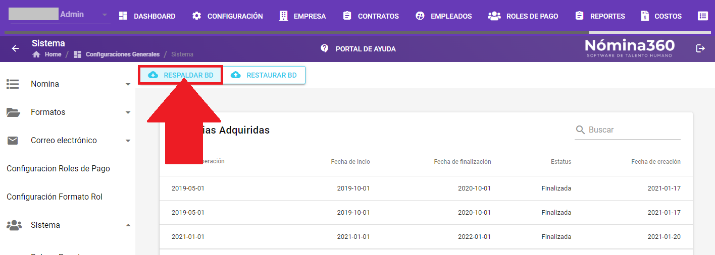 Botón Respaldar BD en la pantalla Sistema