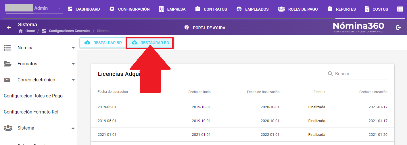 Botón Restaurar BD en la pantalla Sistema