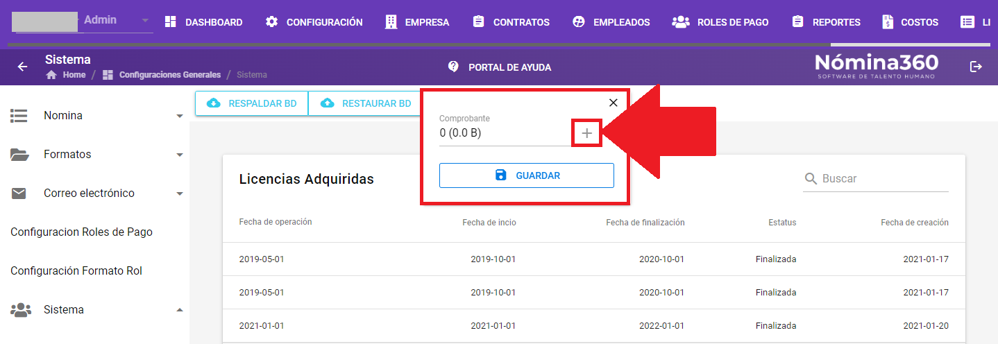Campo Archivo con el botón + para cargar el respaldo