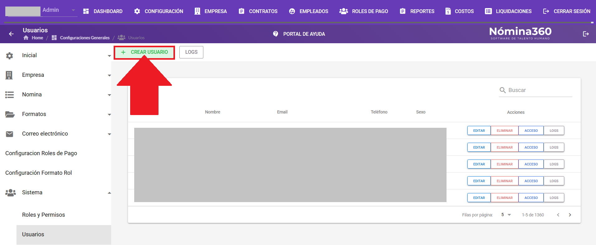 Botón +Crear Usuario en la pantalla de Usuarios