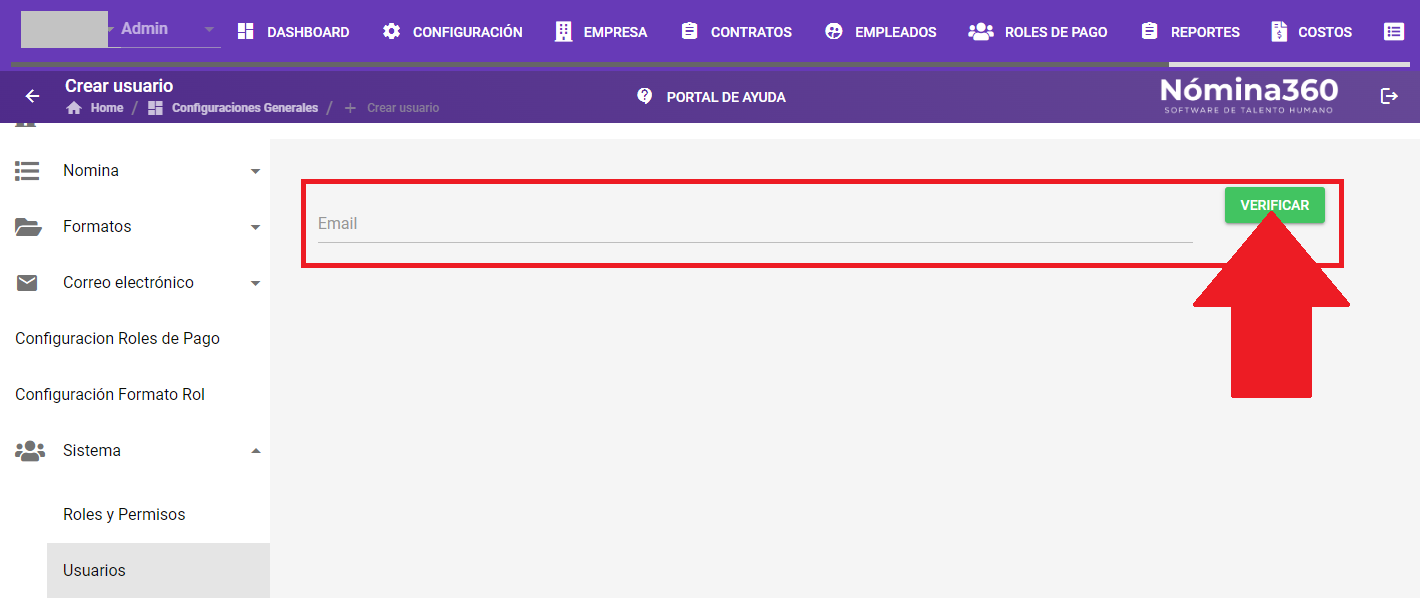Campo de correo y botón Verificar en el formulario de creación