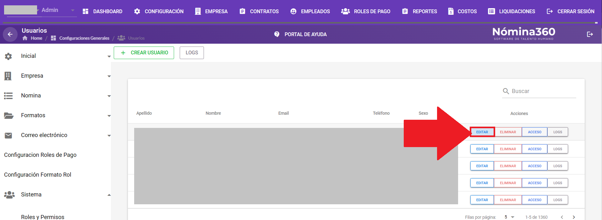 Listado de usuarios con la acción Editar disponible