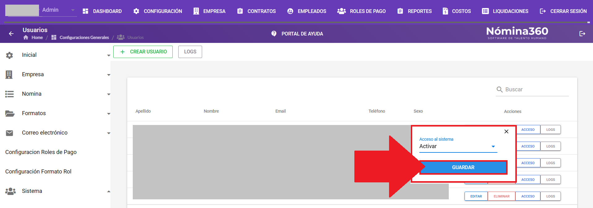 Pantalla para activar o desactivar el acceso del usuario