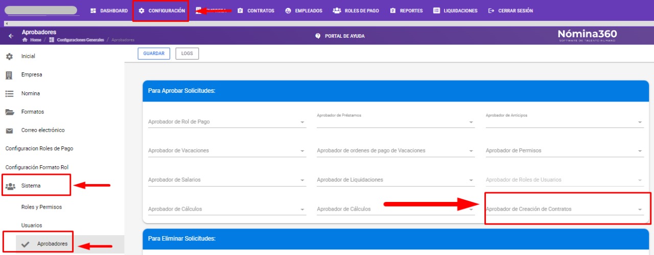 Pantalla de selección del aprobador de creación de contratos