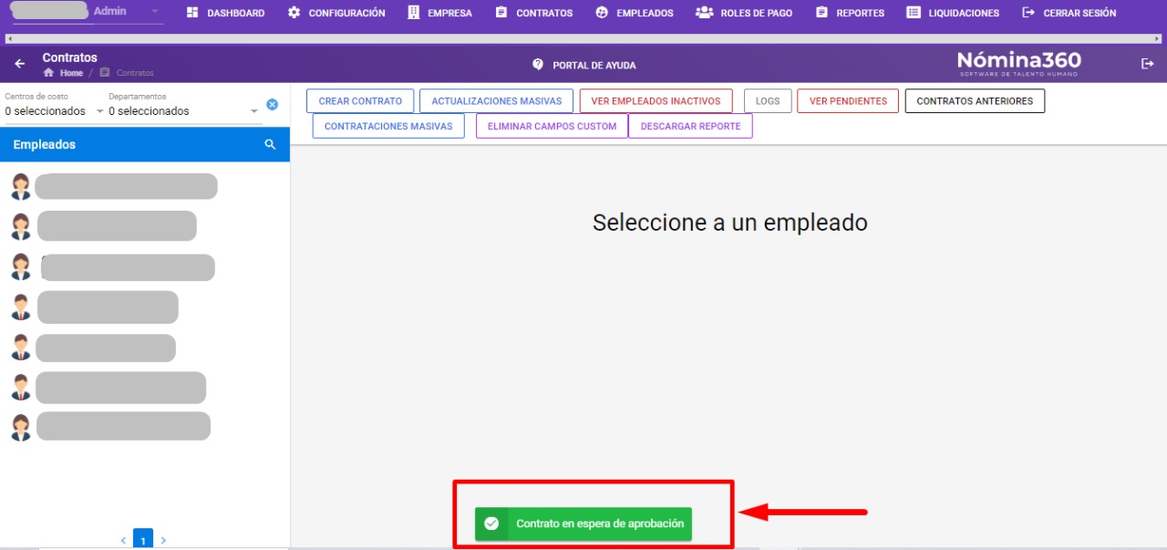 Mensaje de contrato pendiente de aprobación