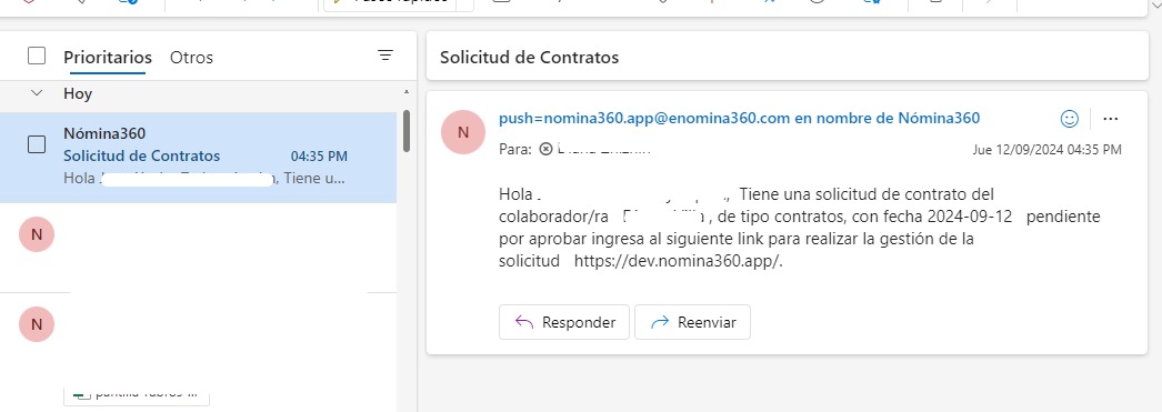 Correo electrónico recibido por el aprobador
