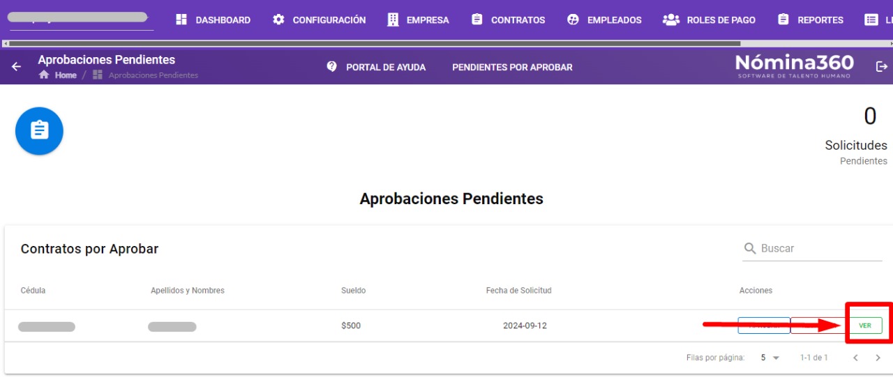 Botón Ver del contrato pendiente