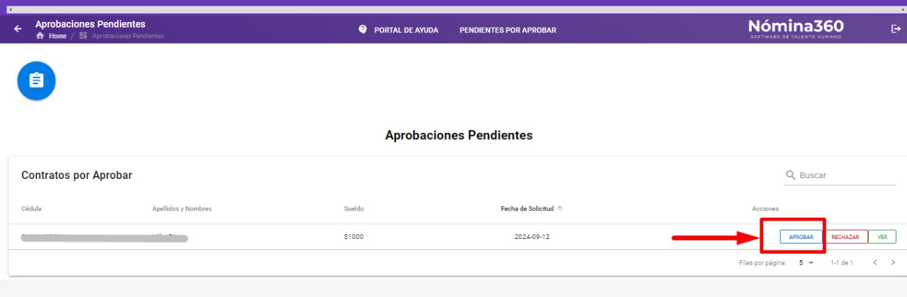 Botón Aprobar del contrato pendiente
