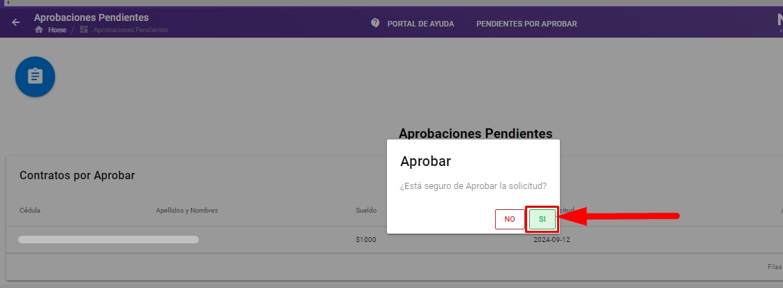Cuadro de confirmación de la aprobación