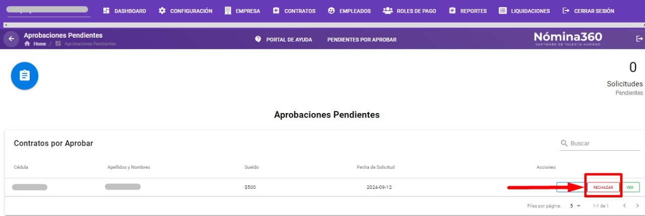 Botón Rechazar del contrato pendiente