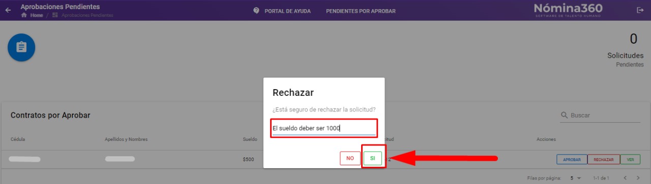 Cuadro para ingresar el motivo del rechazo