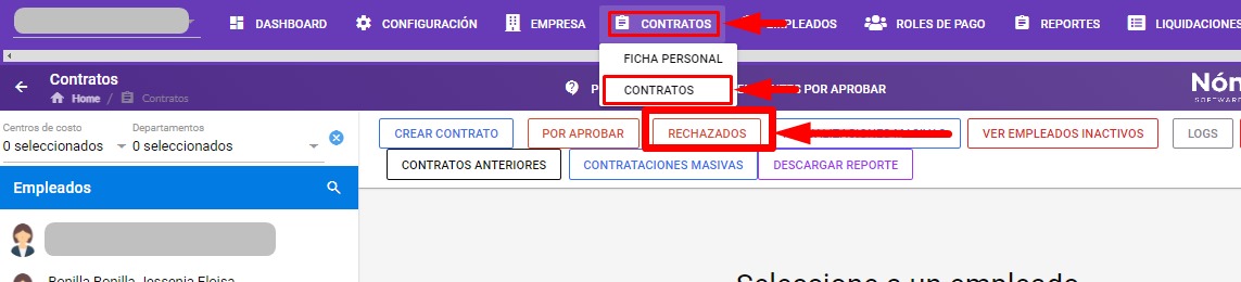 Sección Rechazados en el módulo de contratos