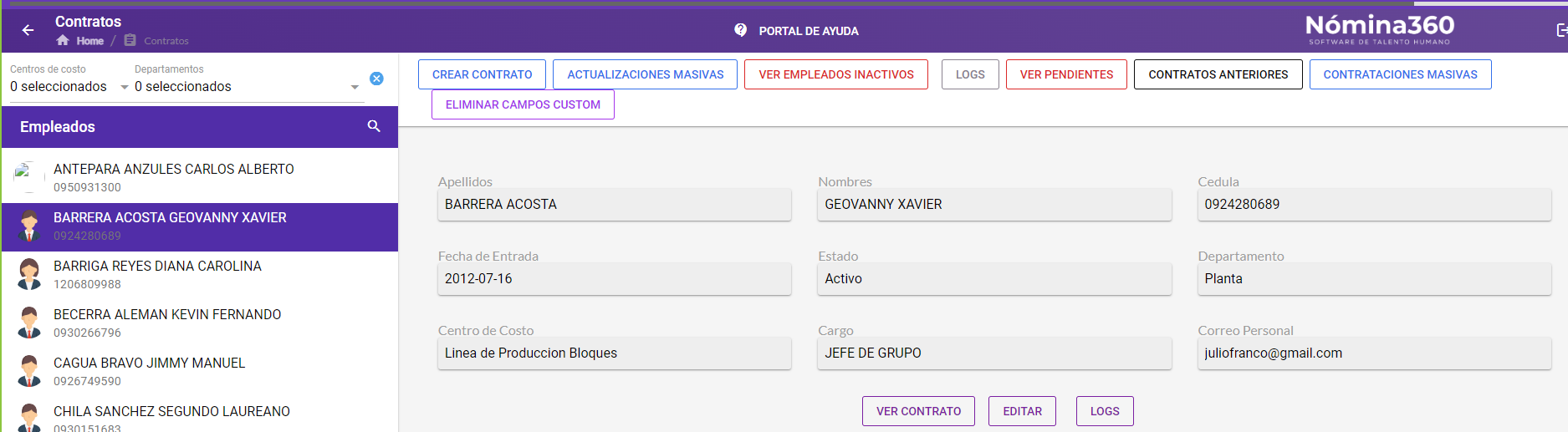 Pantalla de edición del contrato con la opción de impuesto a la renta