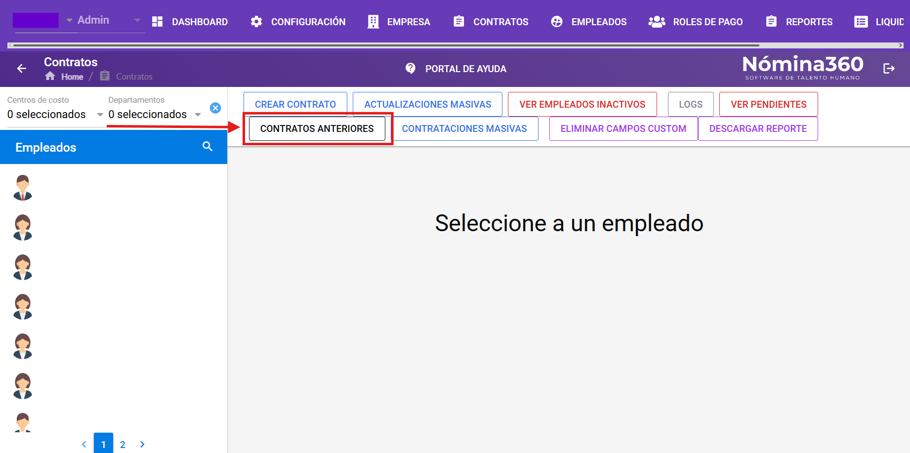 Botón Contratos Anteriores en la pantalla de contratos