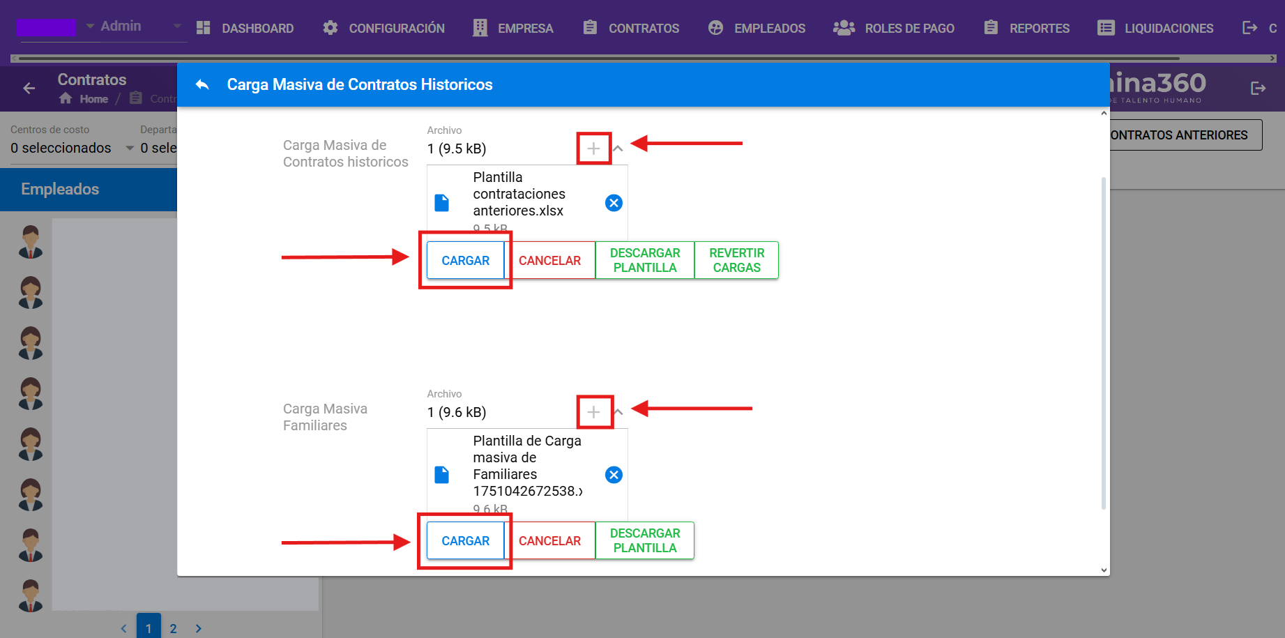 Botón + para seleccionar los archivos de contratos anteriores