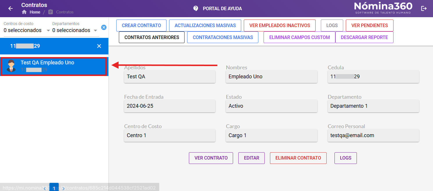Empleado seleccionado en Ficha Personal