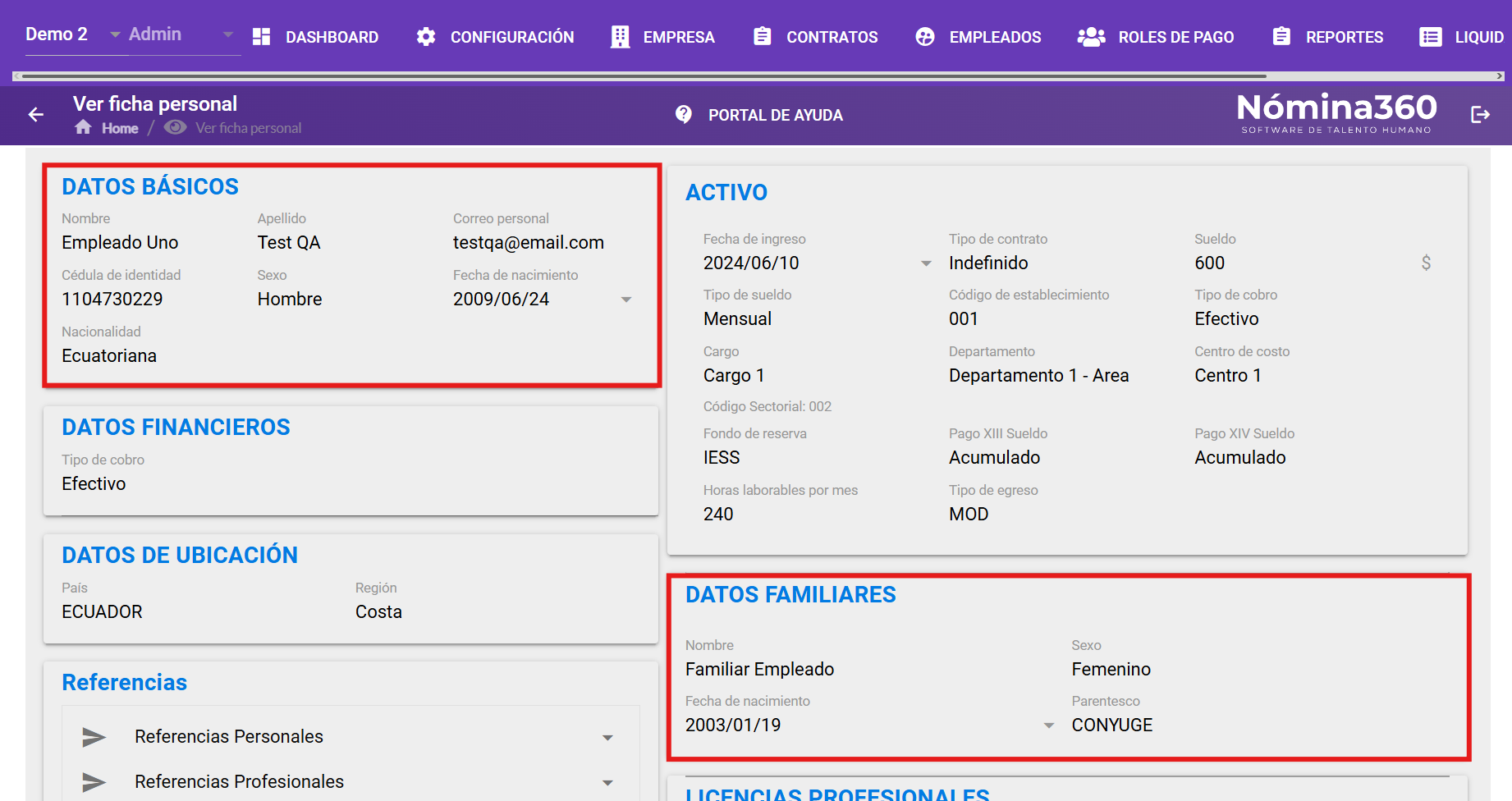 Ficha personal del empleado con cargas familiares cargadas