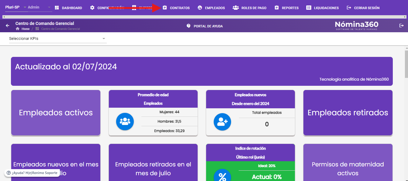 Opción Contratos en el menú principal de Nómina360