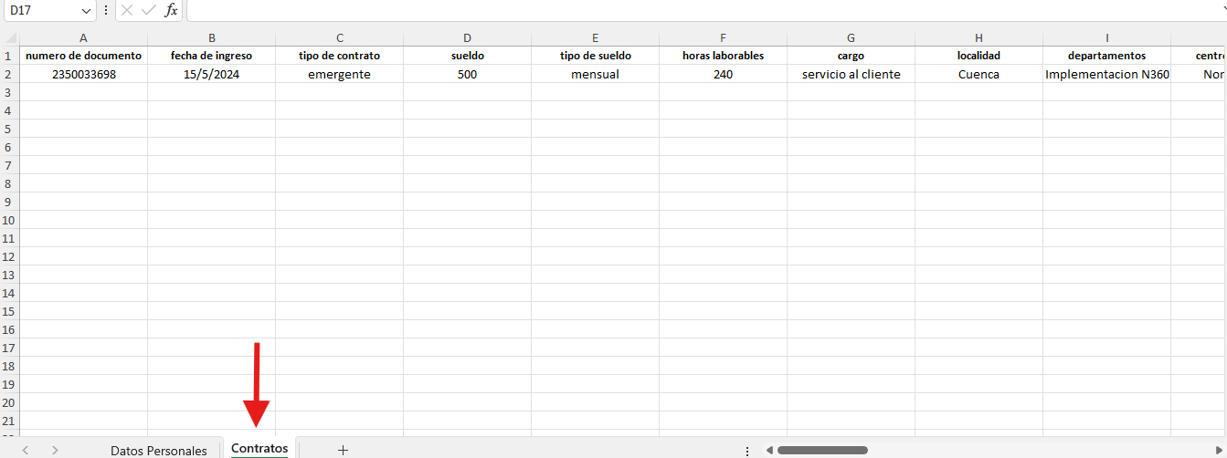 Sección Contratos de la plantilla Excel