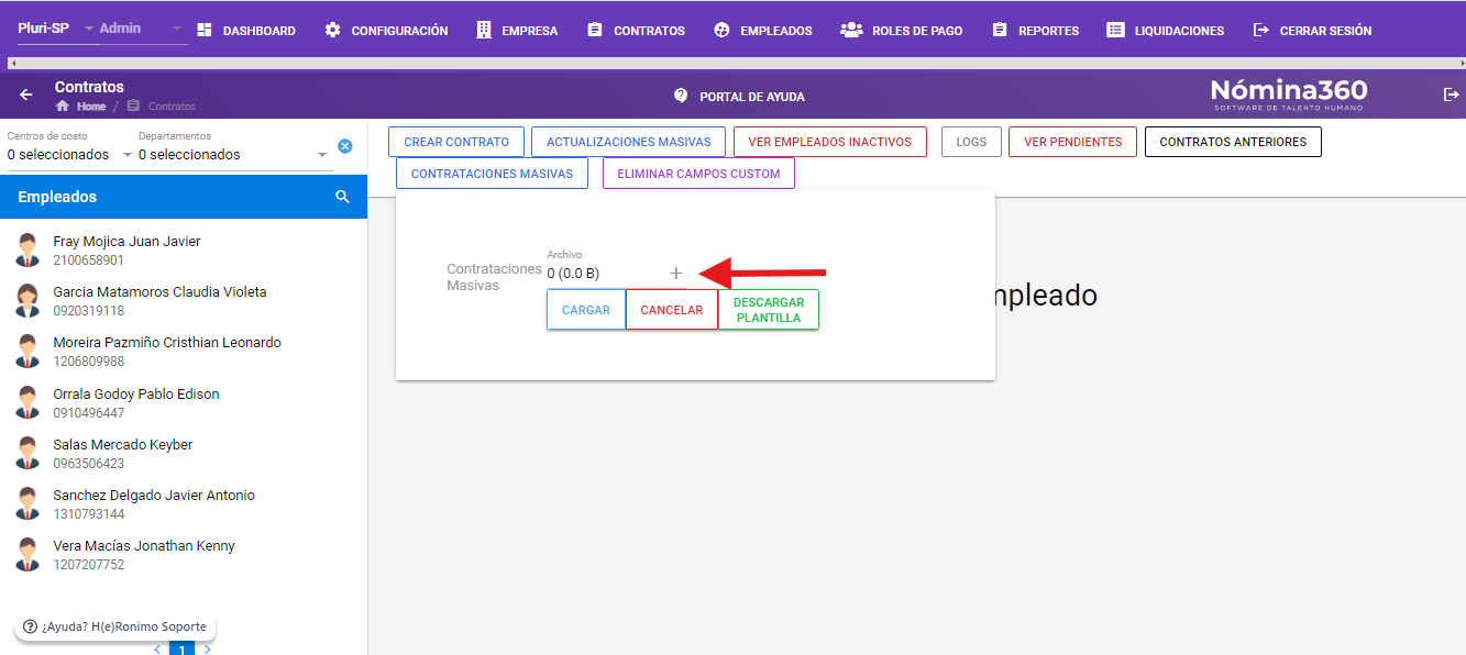 Botón + para seleccionar el archivo de contrataciones masivas