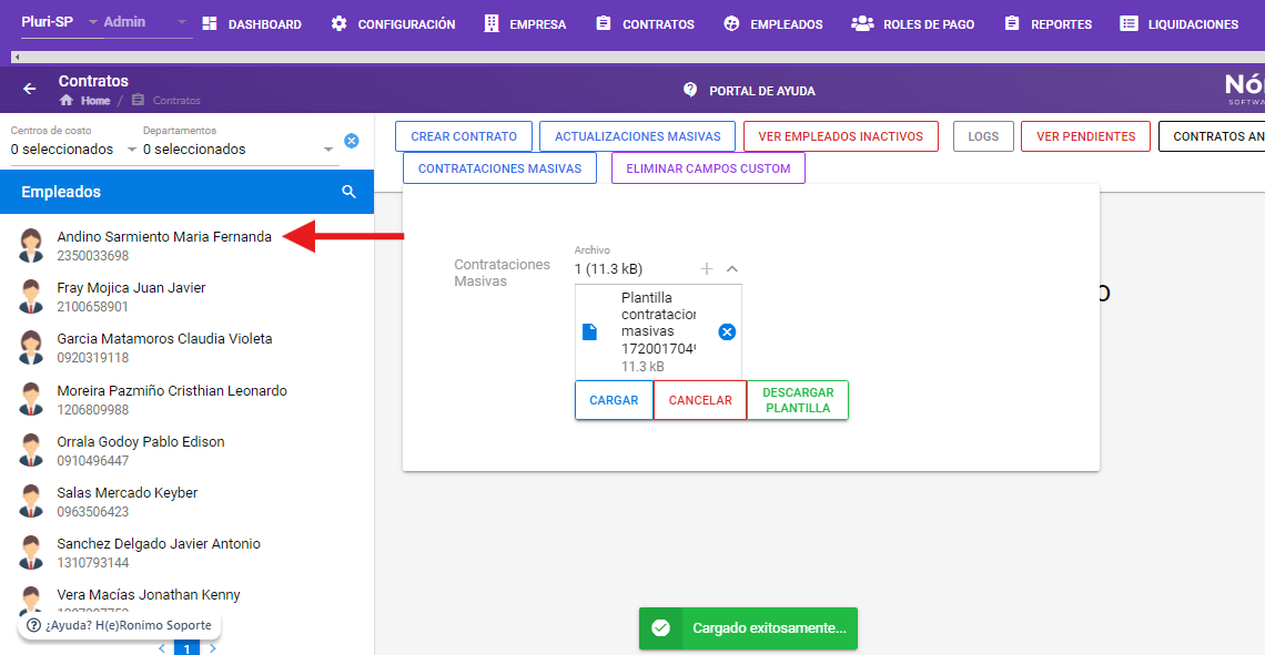 Listado de contratos creados por la carga masiva