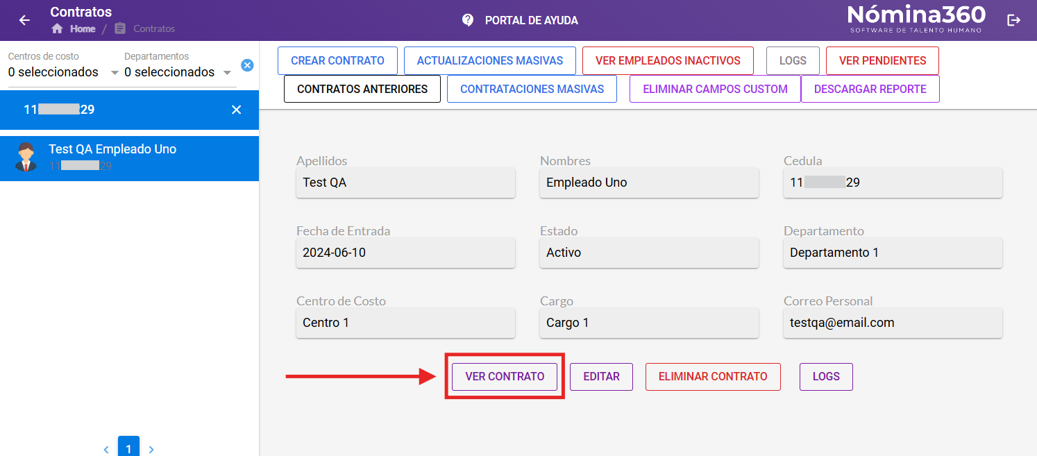 Botón Ver Contrato en la pantalla del empleado