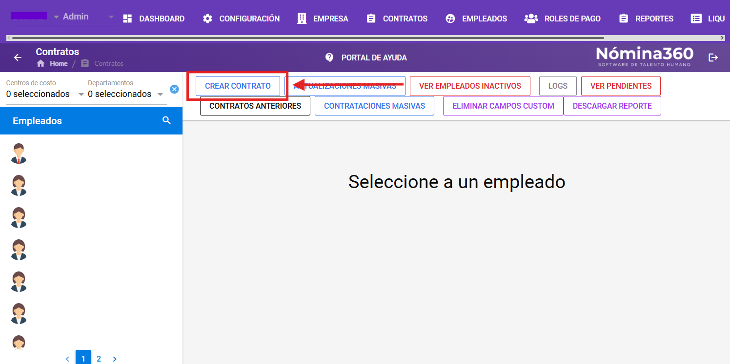 Botón Crear Contrato en la pantalla de contratos