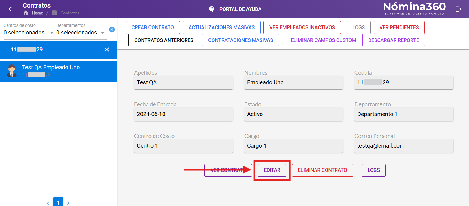 Botón Editar Contrato en la pantalla del empleado