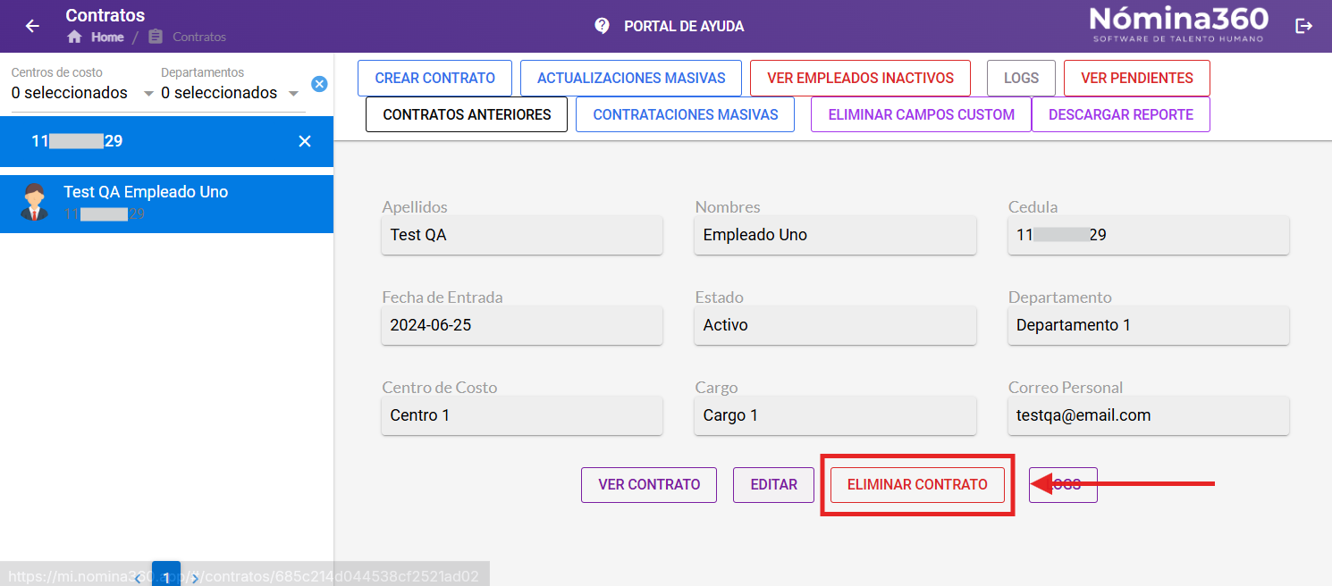 Botón Eliminar Contrato en la pantalla del empleado