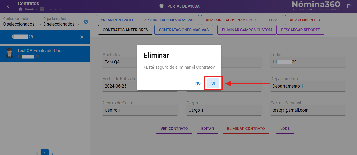Cuadro de confirmación con la opción SI para eliminar el contrato