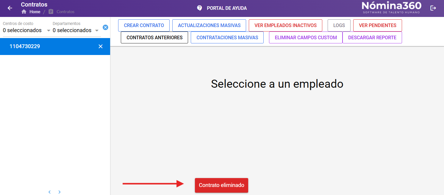 Mensaje de confirmación de contrato eliminado