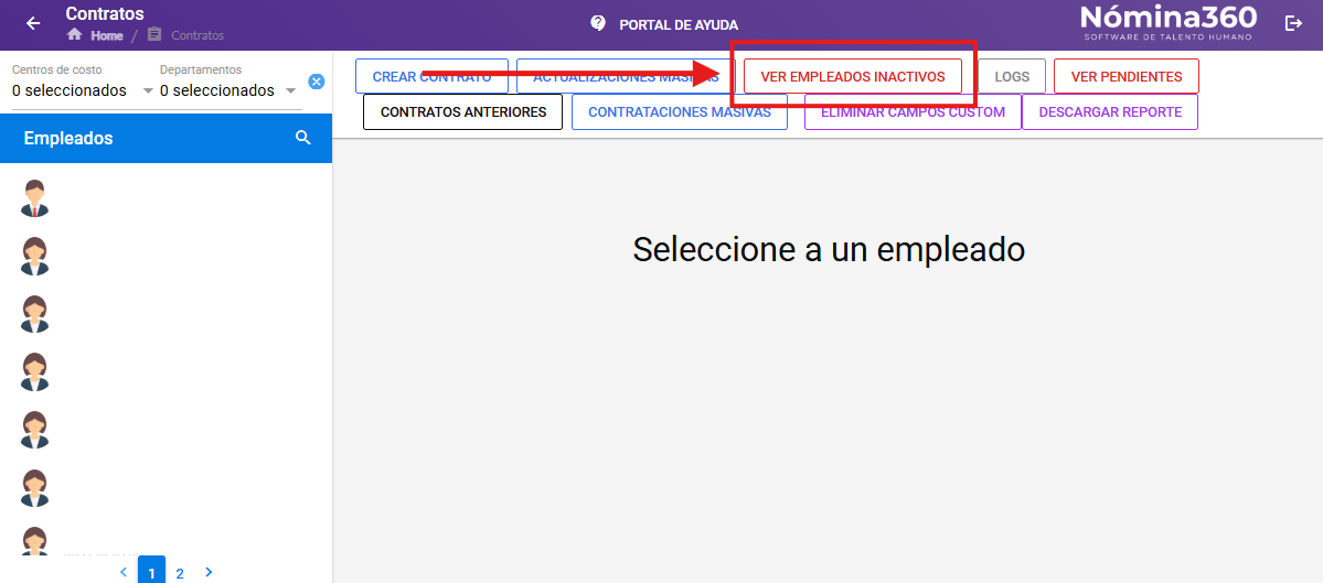 Botón Ver Empleados Inactivos en la pantalla de contratos