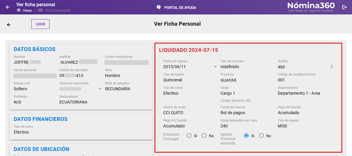 Pantalla con los datos del empleado inactivo