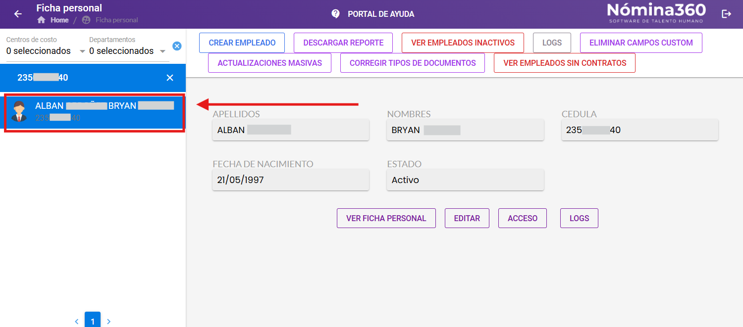 Empleado seleccionado en el listado lateral de ficha personal