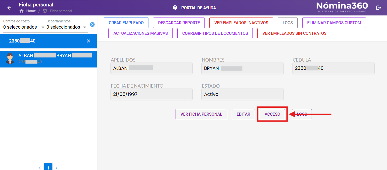 Botón Acceso en la pantalla de ficha personal del empleado