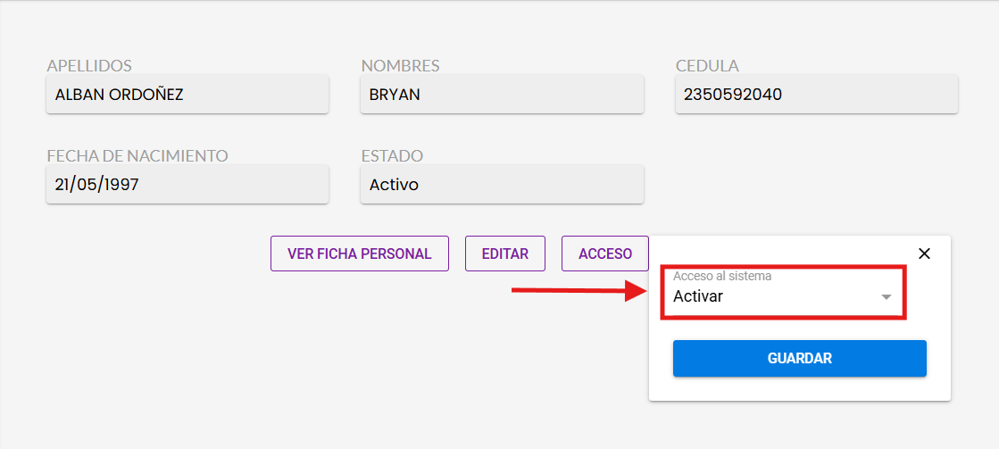 Menú desplegable Acceso al sistema con las opciones disponibles