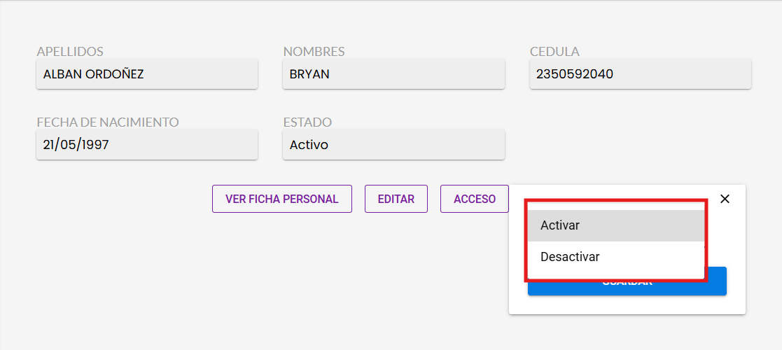 Selección de la opción de acceso al sistema