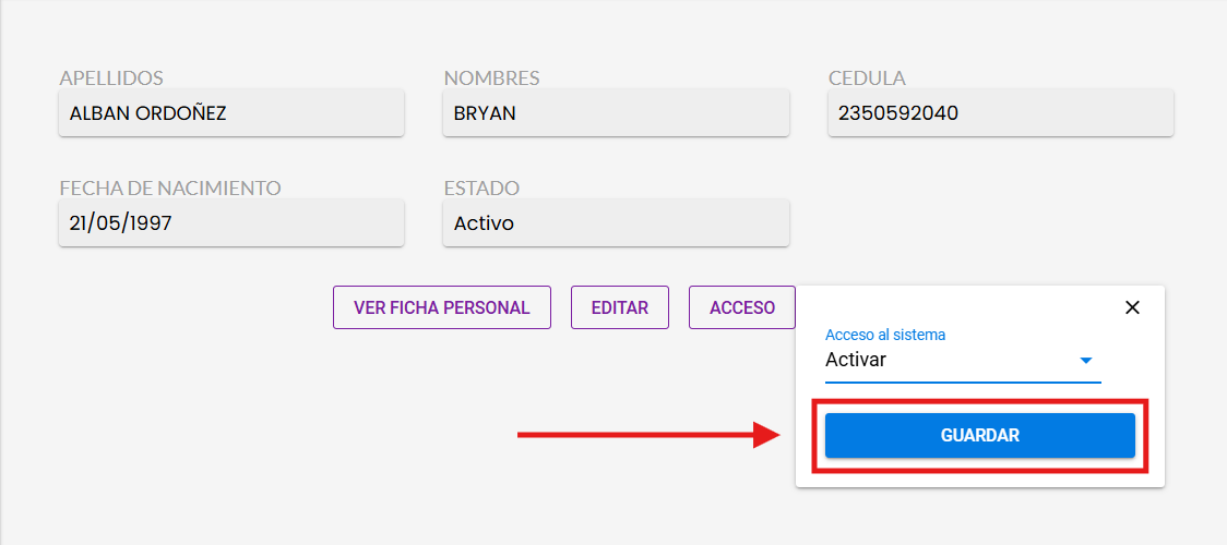 Botón Guardar al final de la configuración de acceso