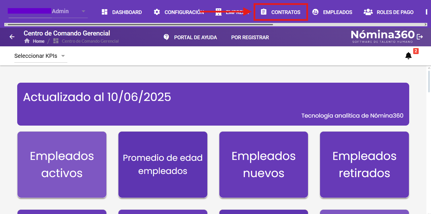Opción Contratos en el menú principal de Nómina360