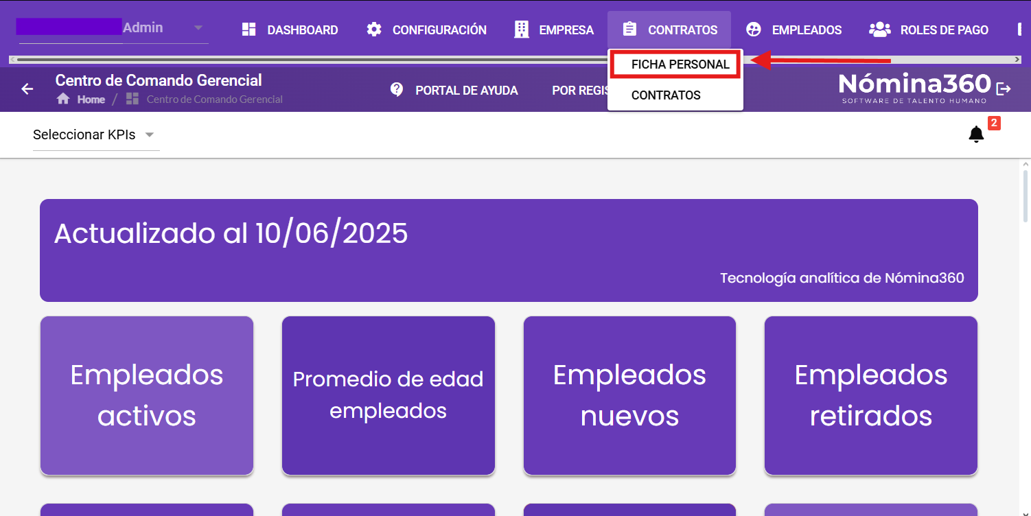 Submenú Ficha Personal dentro de Contratos