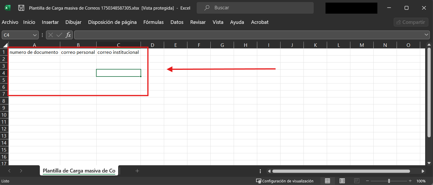 Plantilla Excel con los datos a actualizar