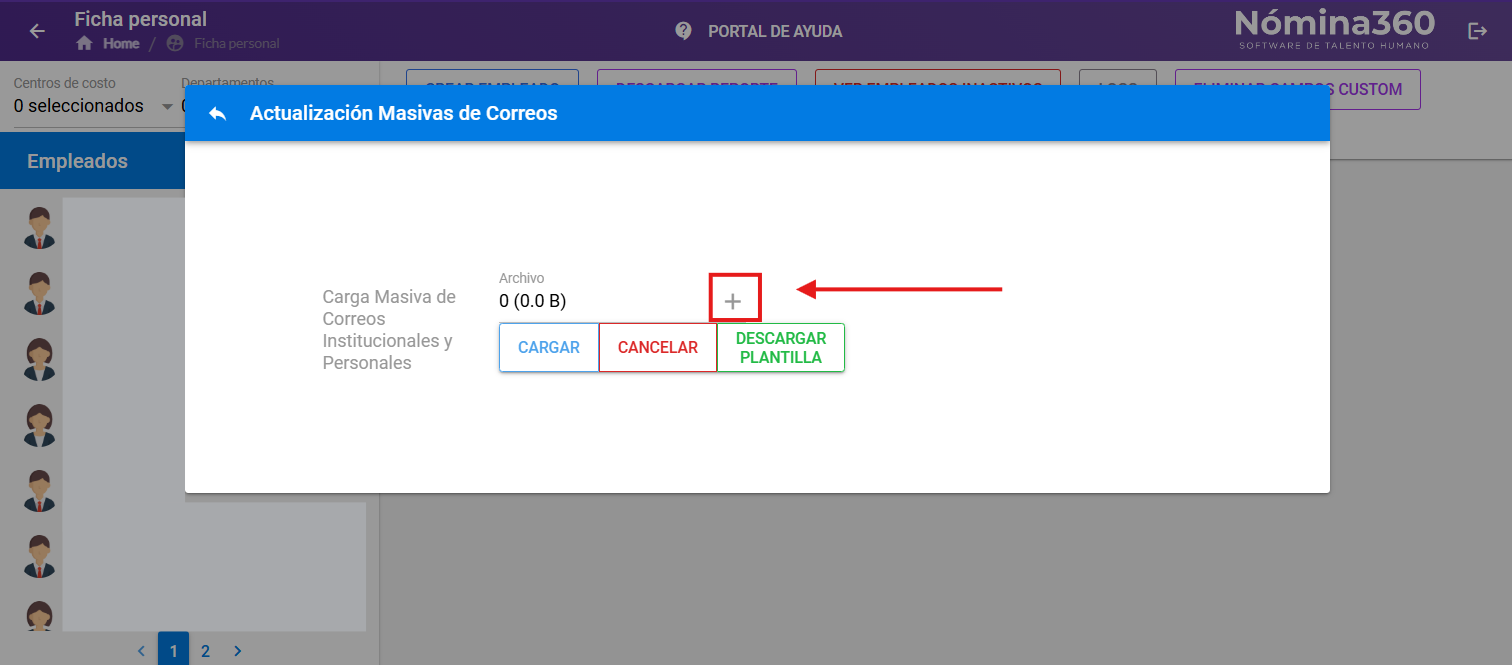 Botón + para seleccionar el archivo desde el equipo