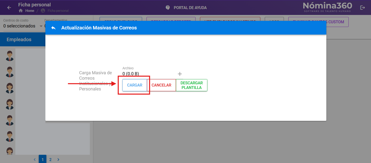 Botón Cargar para procesar la actualización masiva