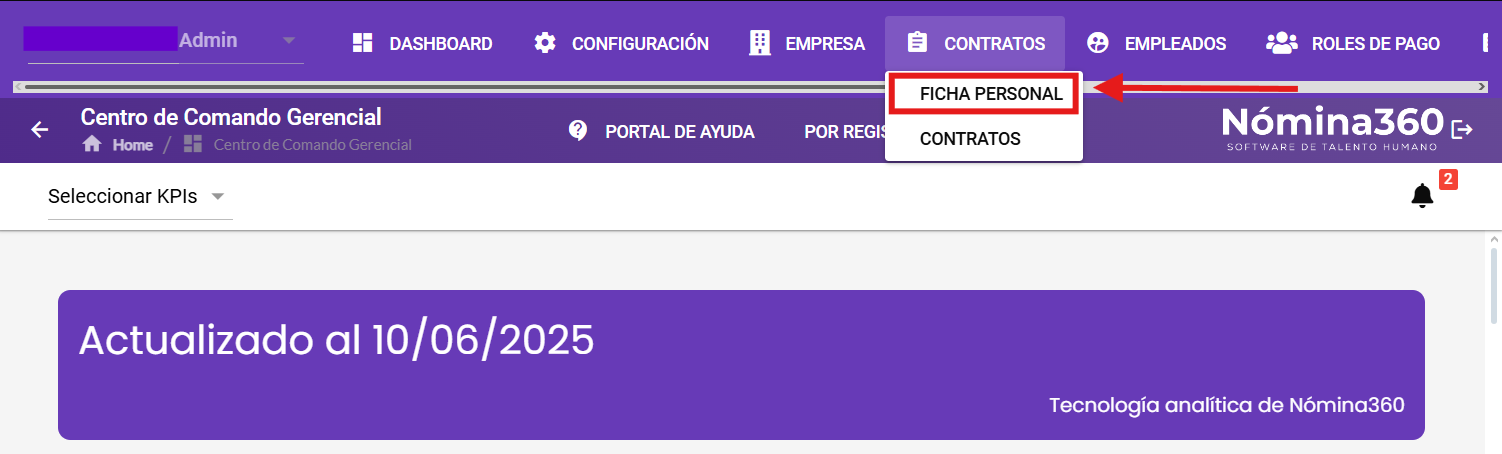 Submenú Ficha Personal dentro de Contratos